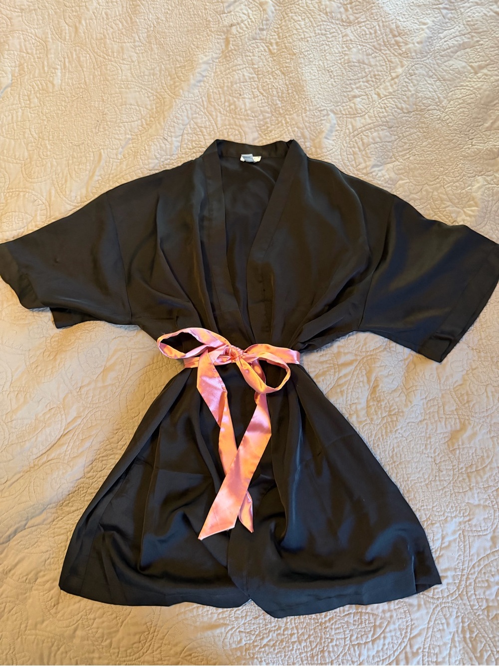 Forever 21 Black Satin Kimono Robe with Pink Satin Belt
